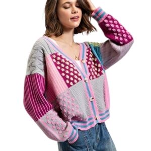 Easel Patchwork Color Block Knit Cardigan Pink Multi Medium NWT